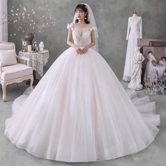 Best Ivory Bridal Wedding Dresses 2020 Ball Gown See Through Scoop Neck Short Sleeve Appliques Flower Backless Beading Glitter Tulle Chapel Train