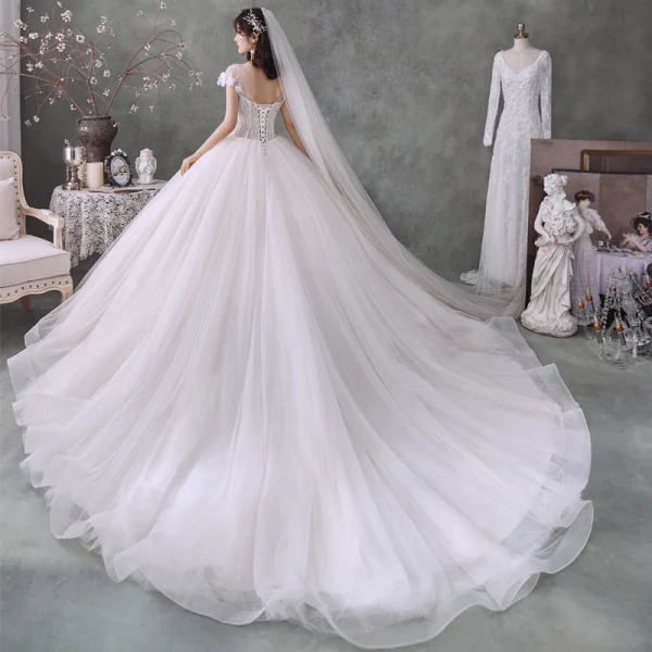 Best Ivory Bridal Wedding Dresses 2020 Ball Gown See-through Scoop Neck Short Sleeve Appliques Flower Backless Beading Glitter Tulle Chapel Train