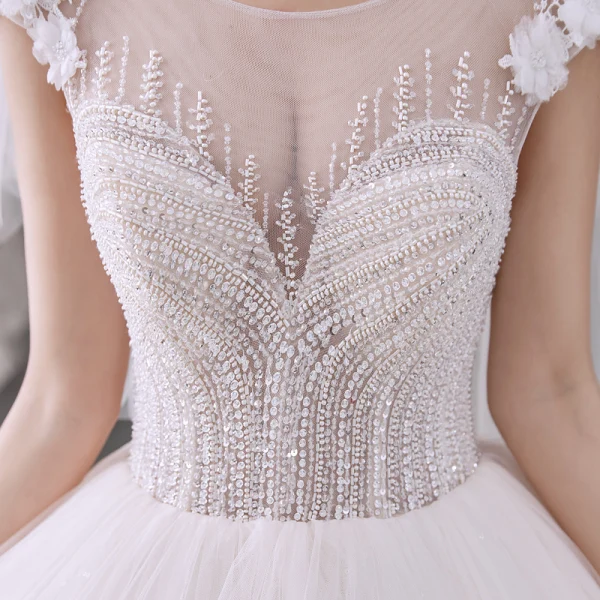 Best Ivory Bridal Wedding Dresses 2020 Ball Gown See-through Scoop Neck Short Sleeve Appliques Flower Backless Beading Glitter Tulle Chapel Train