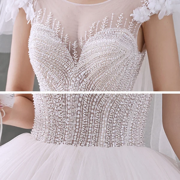 Best Ivory Bridal Wedding Dresses 2020 Ball Gown See-through Scoop Neck Short Sleeve Appliques Flower Backless Beading Glitter Tulle Chapel Train