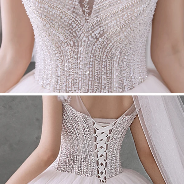 Best Ivory Bridal Wedding Dresses 2020 Ball Gown See-through Scoop Neck Short Sleeve Appliques Flower Backless Beading Glitter Tulle Chapel Train
