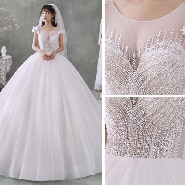 Best Ivory Bridal Wedding Dresses 2020 Ball Gown See-through Scoop Neck Short Sleeve Appliques Flower Backless Beading Glitter Tulle Chapel Train