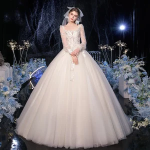 Vintage Retro Champagne Bridal Wedding Dresses 2020 Ball Gown Square Neckline Puffy Long Sleeve Backless Appliques Lace Sequins Beading Sweep Train Ruffle