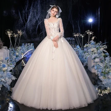 Vintage Retro Champagne Bridal Wedding Dresses 2020 Ball Gown Square Neckline Puffy Long Sleeve Backless Appliques Lace Sequins Beading Sweep Train Ruffle