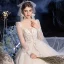 Vintage / Originale Champagne La Mariée Robe De Mariée 2020 Robe Boule Encolure Carrée Gonflée Manches Longues Dos Nu Appliques En Dentelle Paillettes Perlage Train De Balayage Volants