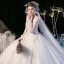 Vintage / Originale Champagne La Mariée Robe De Mariée 2020 Robe Boule Encolure Carrée Gonflée Manches Longues Dos Nu Appliques En Dentelle Paillettes Perlage Train De Balayage Volants