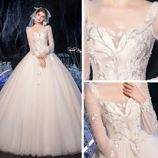 Vintage / Originale Champagne La Mariée Robe De Mariée 2020 Robe Boule Encolure Carrée Gonflée Manches Longues Dos Nu Appliques En Dentelle Paillettes Perlage Train De Balayage Volants