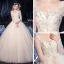 Vintage / Originale Champagne La Mariée Robe De Mariée 2020 Robe Boule Encolure Carrée Gonflée Manches Longues Dos Nu Appliques En Dentelle Paillettes Perlage Train De Balayage Volants