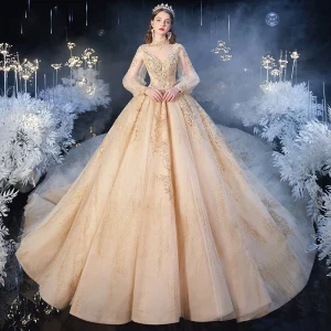 Style Victorien Champagne Transparentes Robe De Mariée 2020 Robe Boule Col Haut Gonflée Manches Longues Dos Nu Appliques Paillettes Perlage Glitter Tulle Cathedral Train
