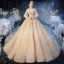 Style Victorien Champagne Transparentes Robe De Mariée 2020 Robe Boule Col Haut Gonflée Manches Longues Dos Nu Appliques Paillettes Perlage Glitter Tulle Cathedral Train