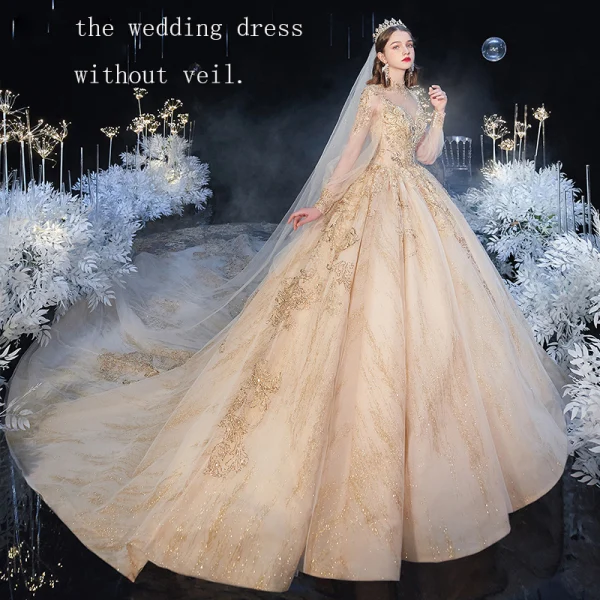Style Victorien Champagne Transparentes Robe De Mariée 2020 Robe Boule Col Haut Gonflée Manches Longues Dos Nu Appliques Paillettes Perlage Glitter Tulle Cathedral Train