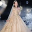Style Victorien Champagne Transparentes Robe De Mariée 2020 Robe Boule Col Haut Gonflée Manches Longues Dos Nu Appliques Paillettes Perlage Glitter Tulle Cathedral Train