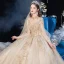 Style Victorien Champagne Transparentes Robe De Mariée 2020 Robe Boule Col Haut Gonflée Manches Longues Dos Nu Appliques Paillettes Perlage Glitter Tulle Cathedral Train