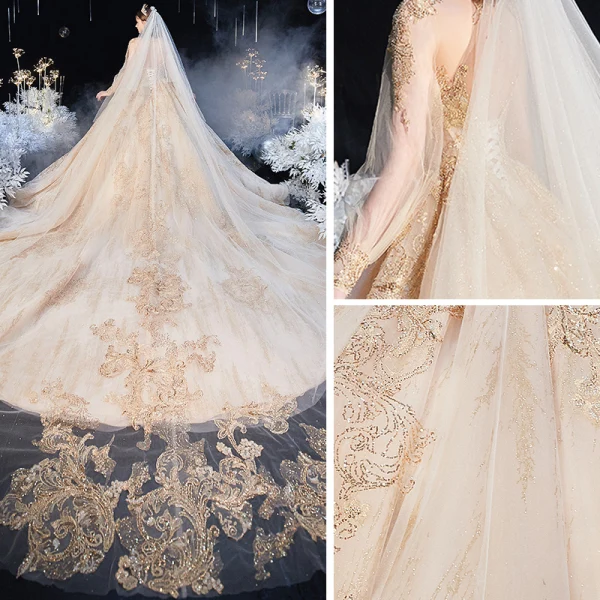 Style Victorien Champagne Transparentes Robe De Mariée 2020 Robe Boule Col Haut Gonflée Manches Longues Dos Nu Appliques Paillettes Perlage Glitter Tulle Cathedral Train