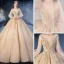 Style Victorien Champagne Transparentes Robe De Mariée 2020 Robe Boule Col Haut Gonflée Manches Longues Dos Nu Appliques Paillettes Perlage Glitter Tulle Cathedral Train