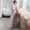 Elegante Blozen Roze Doorzichtige Bruidsmeisjes Jurken 2020 A lijn Ruglooze Appliques Kant Lange Ruche