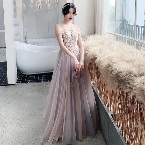 Elegant Blushing Pink See-through Bridesmaid Dresses 2020 A-Line / Princess Backless Appliques Lace Floor-Length / Long Ruffle Elegant Blushing Pink See-through Bridesmaid Dresses 2020 A-Line / Princess Backless Appliques Lace Floor-Length / Long Ruffle