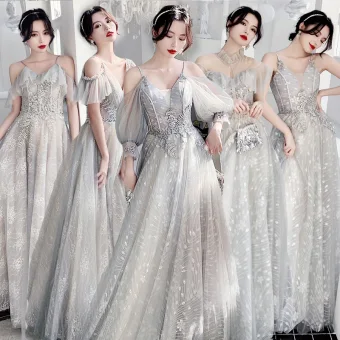Abordable Gris Robe Demoiselle D Honneur 2020 Princesse Dos Nu Appliques En Dentelle Paillettes Longue Volants