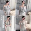 Affordable Grey Bridesmaid Dresses 2020 A-Line / Princess Backless Appliques Lace Sequins Floor-Length / Long Ruffle