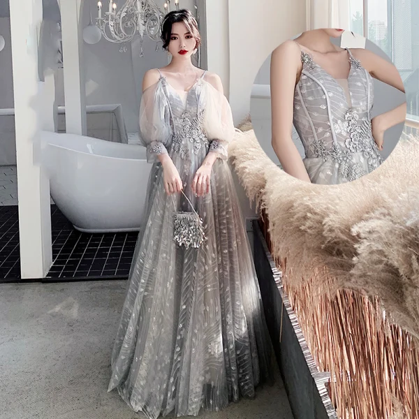 Affordable Grey Bridesmaid Dresses 2020 A-Line / Princess Backless Appliques Lace Sequins Floor-Length / Long Ruffle Affordable Grey Bridesmaid Dresses 2020 A-Line / Princess Backless Appliques Lace Sequins Floor-Length / Long Ruffle