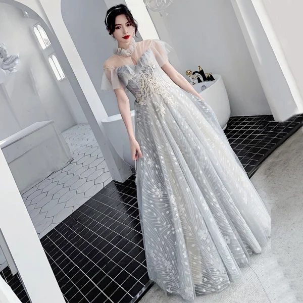 Affordable Grey Bridesmaid Dresses 2020 A-Line / Princess Backless  Appliques Lace Sequins Floor-Length / Long Ruffle