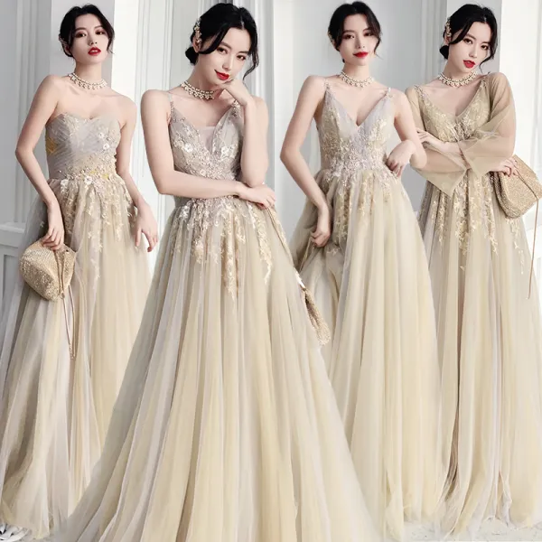 Elegant Sage Green Bridesmaid Dresses 2020 A-Line / Princess Backless Appliques Lace Floor-Length / Long