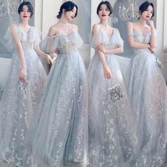 Affordable Grey Bridesmaid Dresses 2020 A Line Princess Short Sleeve Backless Appliques Lace Sequins Floor Length Long Ruffle