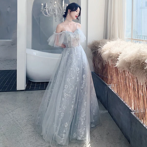 Affordable Grey Bridesmaid Dresses 2020 A-Line / Princess Short Sleeve Backless Appliques Lace Sequins Floor-Length / Long Ruffle