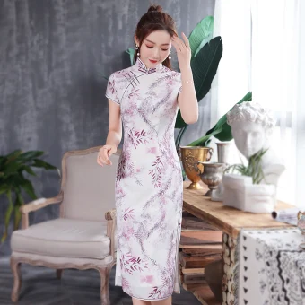 Chinese Style White Cheongsam Qipao 2020 High Neck Short Sleeve Flower Printing Polyester Tea Length Formal Dresses