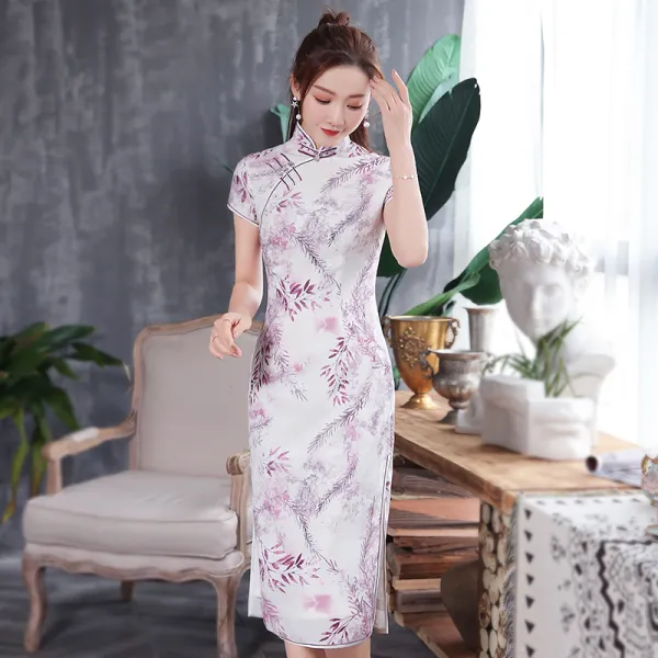 Chinese style White Cheongsam / Qipao 2020 High Neck Short Sleeve Flower Printing Polyester Tea-length Formal Dresses