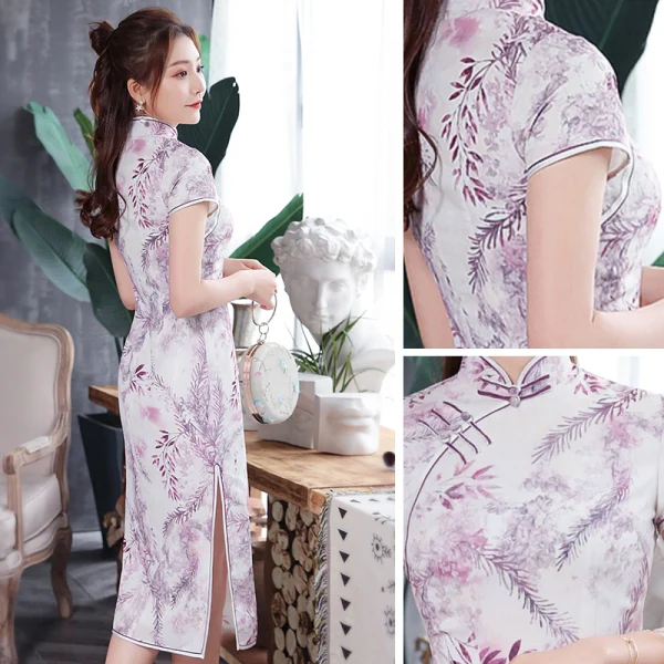 Chinesischer Stil Weiß Cheongsam 2020 Stehkragen Kurze Ärmel Blumen Drucken Polyester Wadenlang Festliche Kleider