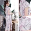 Chinesischer Stil Weiß Cheongsam 2020 Stehkragen Kurze Ärmel Blumen Drucken Polyester Wadenlang Festliche Kleider
