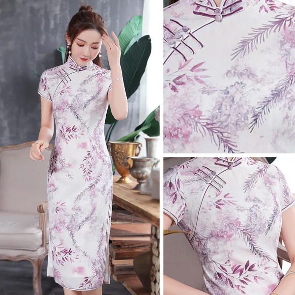 Chinesischer Stil Weiß Cheongsam 2020 Stehkragen Kurze Ärmel Blumen Drucken Polyester Wadenlang Festliche Kleider