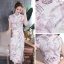 Chinesischer Stil Weiß Cheongsam 2020 Stehkragen Kurze Ärmel Blumen Drucken Polyester Wadenlang Festliche Kleider