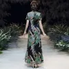 Chinese style Multi-Colors Cheongsam / Qipao 2020 Trumpet / Mermaid High Neck Short Sleeve Printing Flower Polyester Split Front Ankle Length Formal Dresses