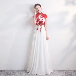 Chinese Style Red White Chiffon Cheongsam Qipao 2020 A Line Princess High Neck Cap Sleeves Appliques Embroidered Floor Length Long Formal Dresses