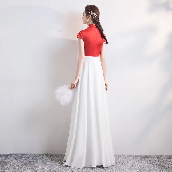 Chinesischer Stil Rot Weiß Chiffon Cheongsam 2020 A Linie Stehkragen Ärmel Applikationen Stickerei Lange Festliche Kleider