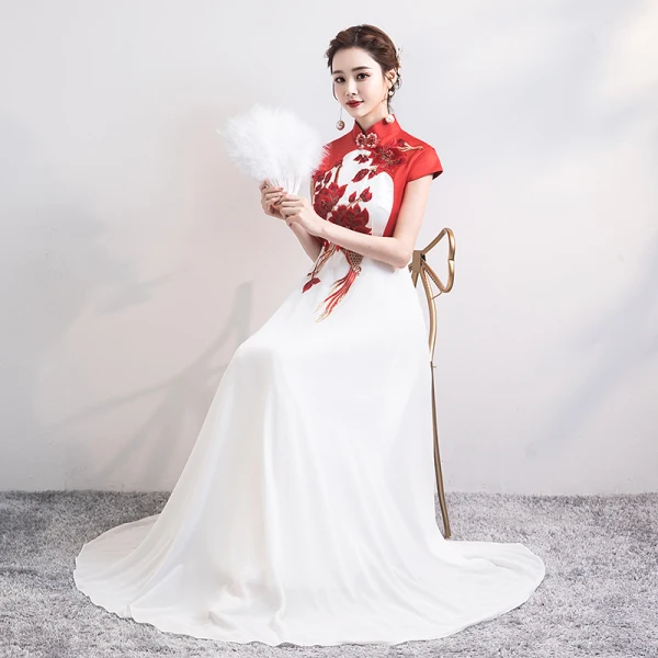 Chinesischer Stil Rot Weiß Chiffon Cheongsam 2020 A Linie Stehkragen Ärmel Applikationen Stickerei Lange Festliche Kleider