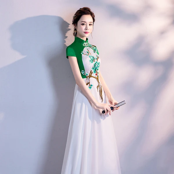 Chinesischer Stil Rot Weiß Chiffon Cheongsam 2020 A Linie Stehkragen Ärmel Applikationen Stickerei Lange Festliche Kleider