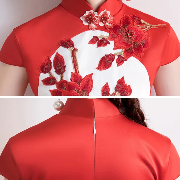 Chinesischer Stil Rot Weiß Chiffon Cheongsam 2020 A Linie Stehkragen Ärmel Applikationen Stickerei Lange Festliche Kleider