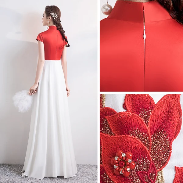 Chinesischer Stil Rot Weiß Chiffon Cheongsam 2020 A Linie Stehkragen Ärmel Applikationen Stickerei Lange Festliche Kleider