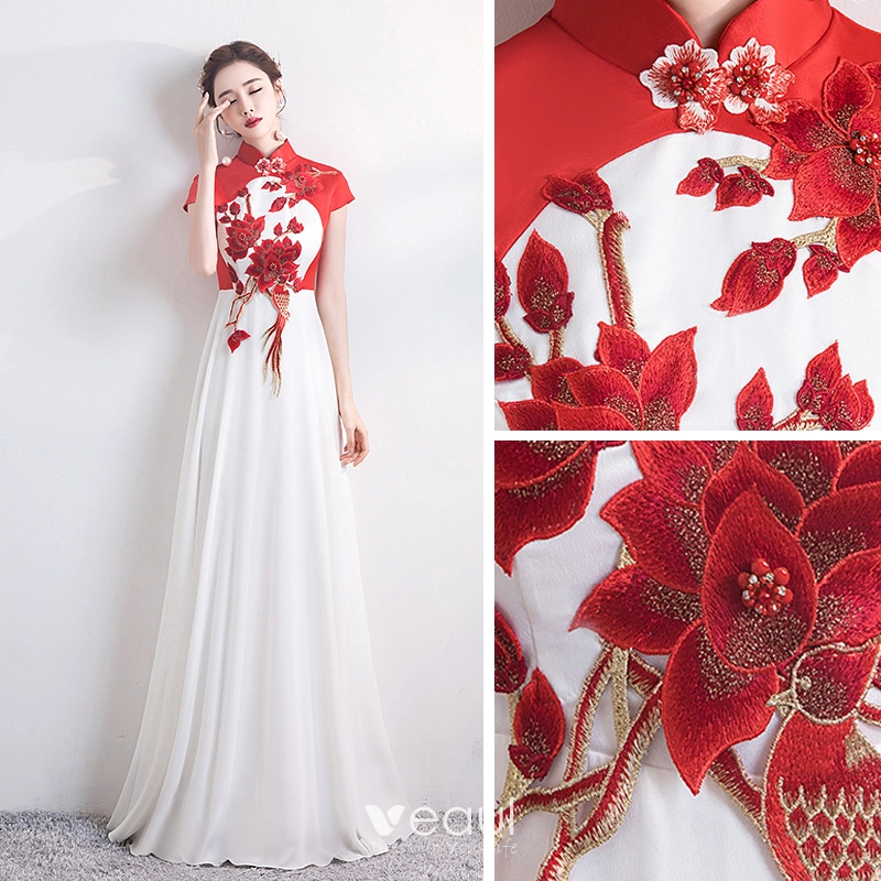 Luxurious Chinese Plain Ivory White Ruby Red Accents Long Cheongsam Qipao  Dress