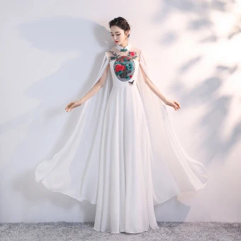 Chinese Style White Chiffon Cheongsam Qipao 2020 A Line Princess See Through High Neck Long Sleeve Appliques Embroidered Floor Length Long Ruffle Formal Dresses