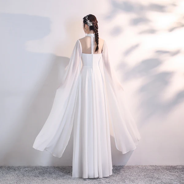 Chinese style White Chiffon Cheongsam / Qipao 2020 A-Line / Princess See-through High Neck Long Sleeve Appliques Embroidered Floor-Length / Long Ruffle Formal Dresses