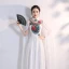 Chinese style White Chiffon Cheongsam / Qipao 2020 A-Line / Princess See-through High Neck Long Sleeve Appliques Embroidered Floor-Length / Long Ruffle Formal Dresses