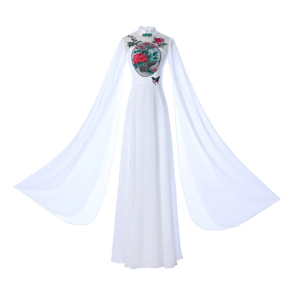 Chinese style White Chiffon Cheongsam / Qipao 2020 A-Line / Princess See-through High Neck Long Sleeve Appliques Embroidered Floor-Length / Long Ruffle Formal Dresses