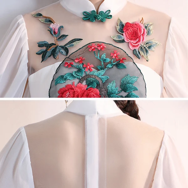 Chinese style White Chiffon Cheongsam / Qipao 2020 A-Line / Princess See-through High Neck Long Sleeve Appliques Embroidered Floor-Length / Long Ruffle Formal Dresses
