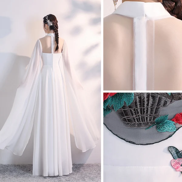 Chinese style White Chiffon Cheongsam / Qipao 2020 A-Line / Princess See-through High Neck Long Sleeve Appliques Embroidered Floor-Length / Long Ruffle Formal Dresses