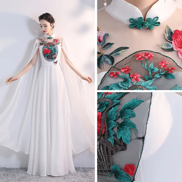 Chinese style White Chiffon Cheongsam / Qipao 2020 A-Line / Princess See-through High Neck Long Sleeve Appliques Embroidered Floor-Length / Long Ruffle Formal Dresses