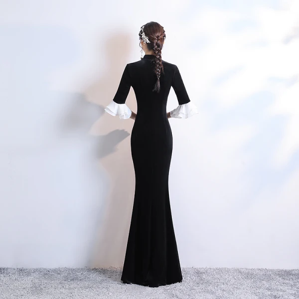 Chinese style Black Velour Winter Cheongsam / Qipao 2020 Trumpet / Mermaid High Neck 3/4 Sleeve Bell sleeves Rhinestone Flower Split Front Floor-Length / Long Formal Dresses